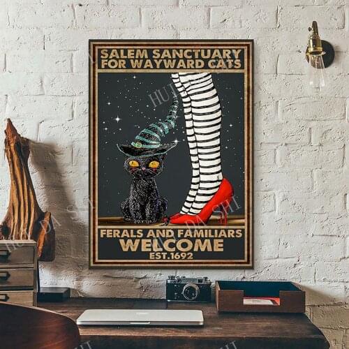 Black Cat Humane Society Placing Familiar 1692 Halloween Poster, Salem Cat Halloween Art, Halloween Poster Witch & Cat Print