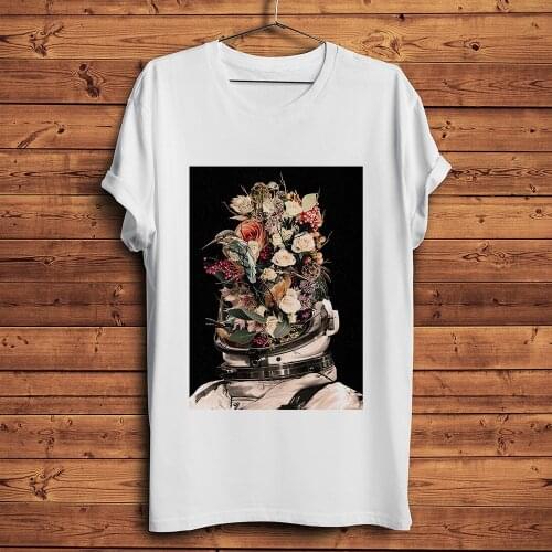 Bloom Astronaut artistic funny t shirt men summer new white casual homme short cool geek tshirt unisex gift