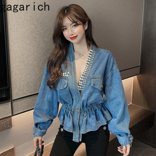 Gagarich Women Jacket 2021 Spring Autumn Korean Chic Female All-Match V-Neck Retro Beaded Diamond Design Loose Short Denim Coats