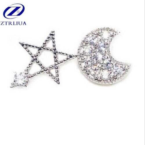 Hot Sale Personality 925 Sterling Silver Jewelry Fashion Asymmetric Star And Moon Zircon Crystal Earrings SE16