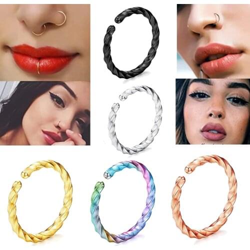 2pcs 20G Twist Thin Fake Nose Ring Septum Helix Nostril Piercing Labret Lip Fake Piercing Titanium Cartilage Fake Earrings Hoop