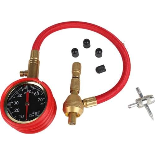 Red Mechanical Pointer Tire Pressure Gauge Tyre Deflator Kit with 4 Valve Cap for Automobile Cars Trucks