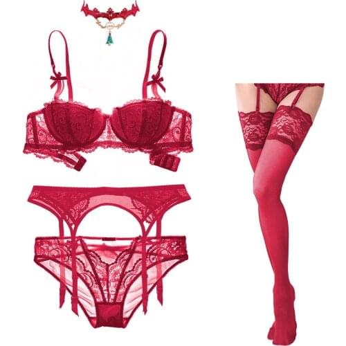 Sexy Lace Underwear Set Bra+ Panties+ Stockings+Garter+Christmas necklace 5 Piece Set For Lady