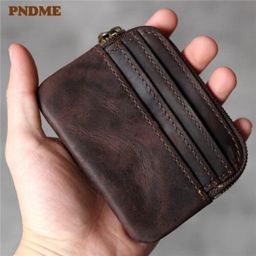 PNDME simple retro designer genuine leather card bag top layer cowhide luxury coffee small thin credit card holder coin purses