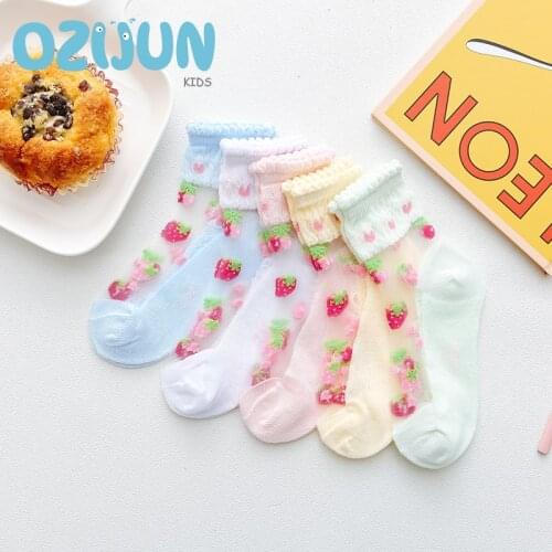 5 Pairs/lot Summer Kids Girls 2-8 Years Classic Strawberry Ultra-thin Bubble Top Lace Socks Children Girls 5 Colors Sock