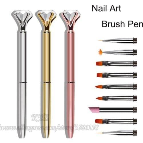 Metal Acrylic Nail Art Kolinsky Brushes Replace 10 Heads Carving Cuticle Remover Flat Line Flower Drawing Painting Nail Art Pen