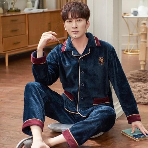 Male Autumn Winter Oversize Pajamas Suits 2PCs Thick Keep Warm Coral Velvet Noble Style Homewear Long-Sleeves халат мужской