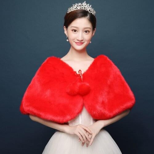 New Arrival Red Color Winter Faux Fur Bridal Jacket Warm Boleros Luxurious Wedding Bride Wraps Cape Wedding Jacket