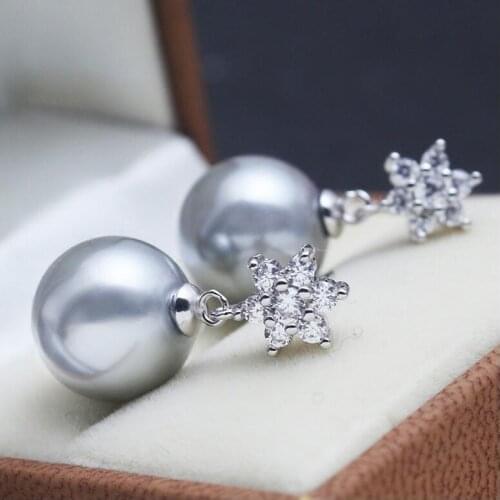 New 1101+++ Snow grey Shell Pearl Earrings Red oyster Pearl Earrings 925 Sterling Silver CZ Dia