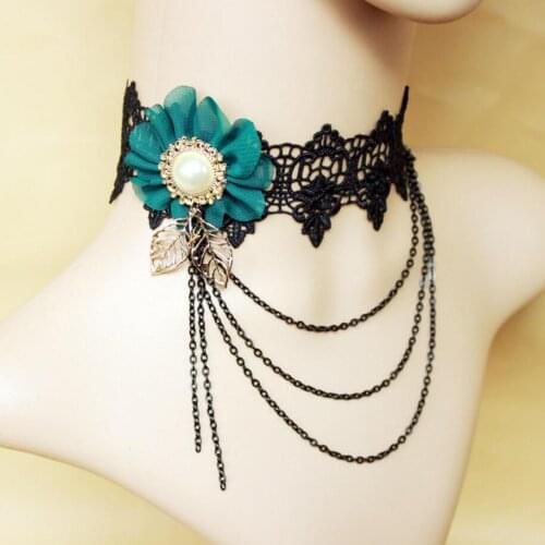 New Sale Green Fabric Flower with Chain Tassels Women`s Lace Gothic Choker Necklace