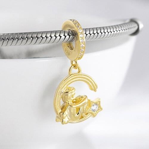 S925 DIY Jewelry Golden Angel Star Hanging Dangle Charm fit Lady Bracelet Bangle
