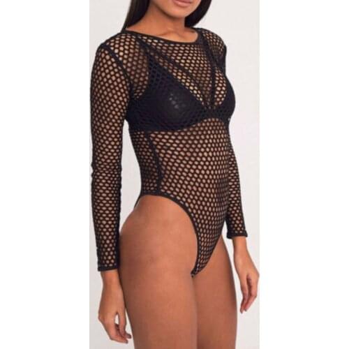 Sexy Women Mesh Sheer Slim Bodysuit Solid Color Hollow-Out Backless Long Sleeve Bodysuit Tops Ladies Summer Fashion Clothes