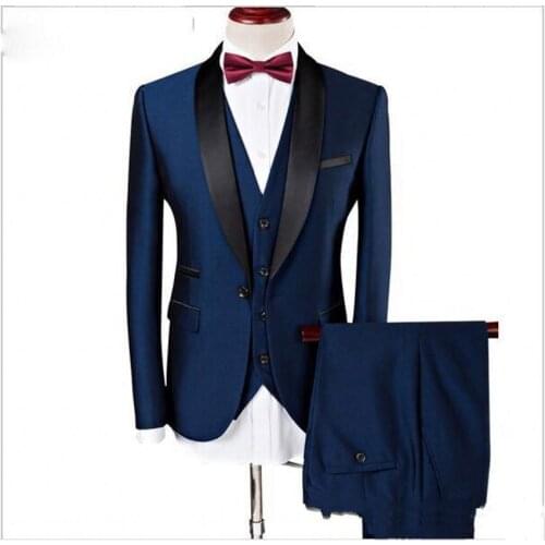 Blue One Button wedding suits Slim Fit Groom Tuxedos formal wears Shawl Lapel Groomsman suits (Jacket+Pants+vest)