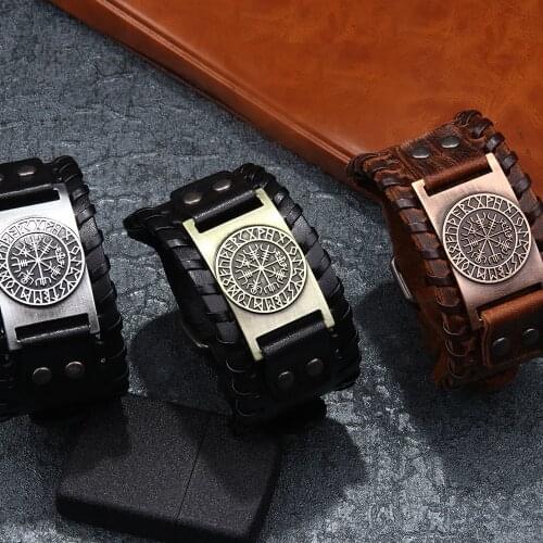 Vintage Norse Viking Compass Leather Bracelets Thor Mjolnir Hammer Moon Star Wolf Life Tree Odins Rune Bangles Men Jewelry Gift