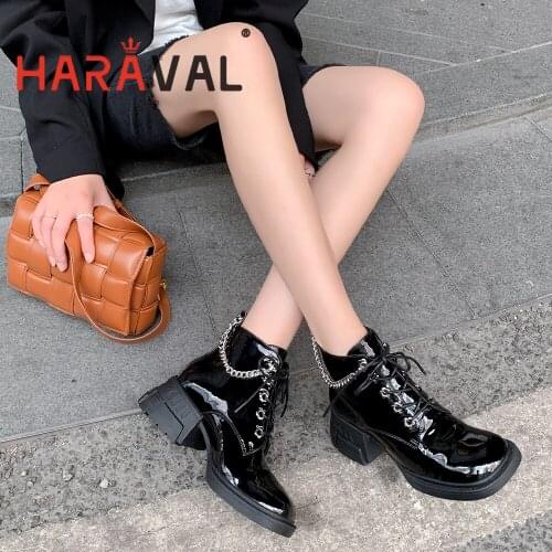 HARAVAL Women Ankle Boots Shoes Thick Hoof Heels Black White Motorcycle Boots Solid Patent Leather Lace Up Shoes Boot E339L
