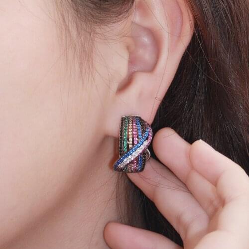 Korean Pop Symmetrical Color Mixing Black Gold Micro Pave Cubic Zirconia Hoop Earrings 2021 Trend Unique Women Party Jewelry