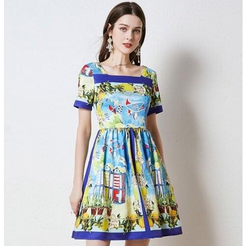 2021 Summer Womens Dress Seaside Resort Style Square Neckline Printed Short Dress New Short Sleeves Waist Female Dresses X623