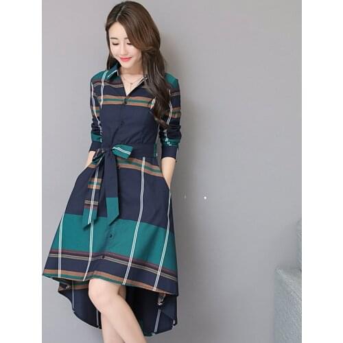 Womens autumn Plaid Dress With Belt Women spring Long Sleeve Casual Shirt Dress Female Clothes Bandage Bodycon Print Robe