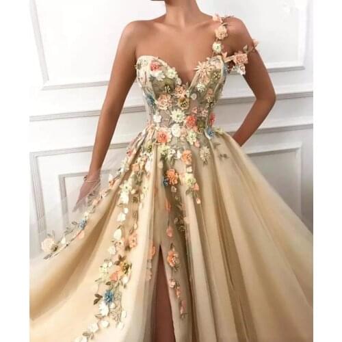 2021 Women Party Night Long Vestidos Gala Lace Appliques Flowers Evening Gown A-Line Robe De Soiree Champagne Split Prom Dresses