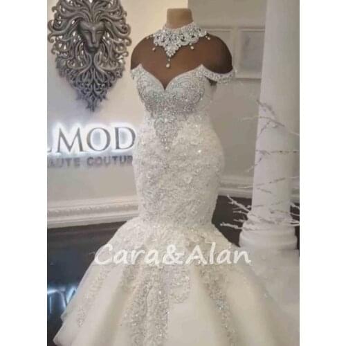 Luxury Crystals Mermaid Wedding Dresses For Women High Neck 3D flower Appliqued Plus Size Bridal Gowns robe de soirée de mariage