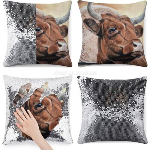 Cow / Salers / Auvergne / Cantal / Hélène Roux / Animal Art / Animals / Taurus Sequin Pillowcase Glitter Pillow Case for Sofa De