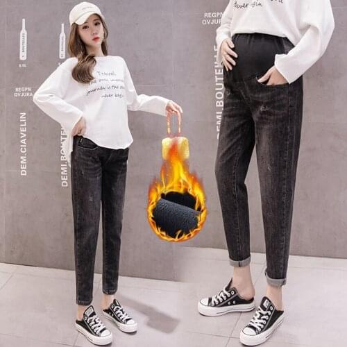 Pregnant women plus cashmere jeans winter thickened warmth pregnant women belly lift pants fashion casual loose tide mom pants