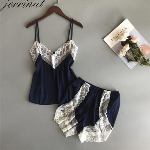 Jerrinut Pajamas Set Sexy Sleepwear Women Summer V-Neck Pyjamas Sleeveless Top And Shorts M-XL Lingerie Pijamas Nightie Pajama