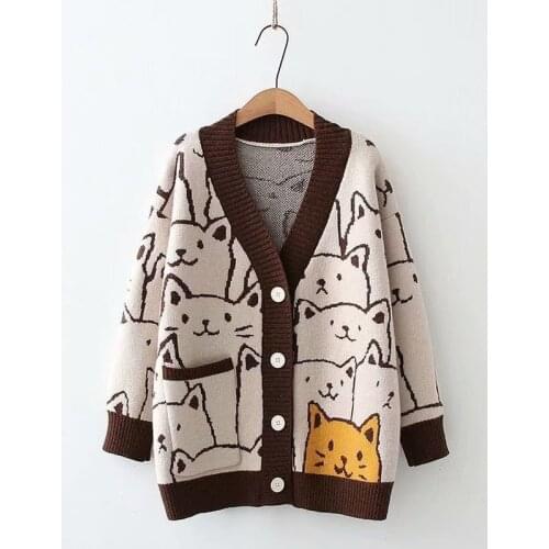 MERRY PRETTY Cartoon Cat Embroidery Knit Jumper Autumn Winter Womens Harajuku Pullover Sweater O-Neck Long Sleeve pullovers