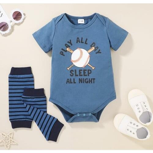 Summer Cotton Jumpsuit Outfits Newborn Toddler Baby Boy Letter Print Romper+ Stripe Leg Warmers Clothing 2Pcs/Set