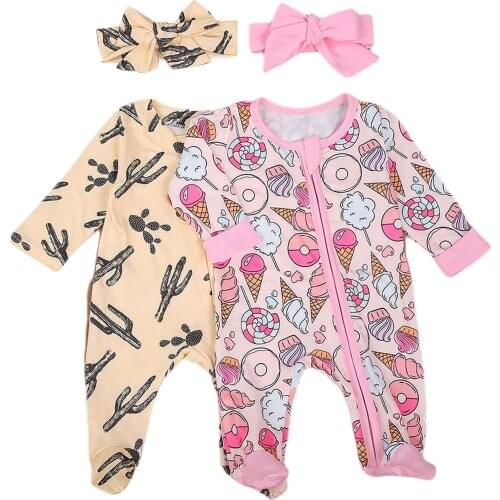 Toddler Newborn Infant Baby Girls Romper Cute Ruffles Long Sleeve Jumpsuit Cactus Donuts Printed Childrens Clothing Sets 0-6M