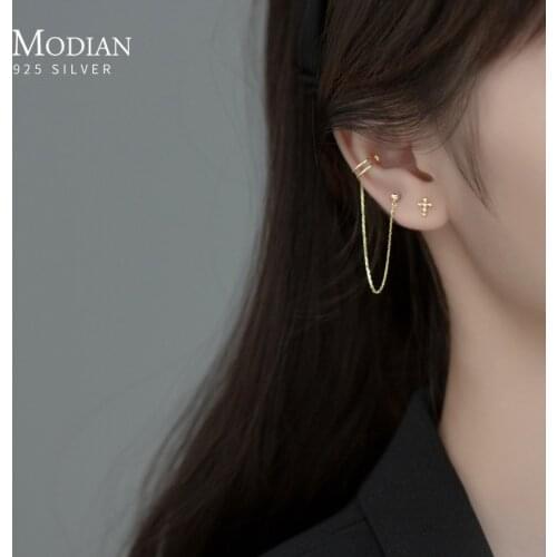 Modian Real 925 Sterling Silver Long Tassel Fashion Ear Studs Cute Corss Stud Earrings For Women Girls Fine Jewelry Gifts Brinco