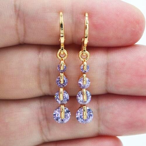 AAA+ Cubic Zirconia Gold Color Trendy Women Purple Round CZ Dangle Earrings Jewelry