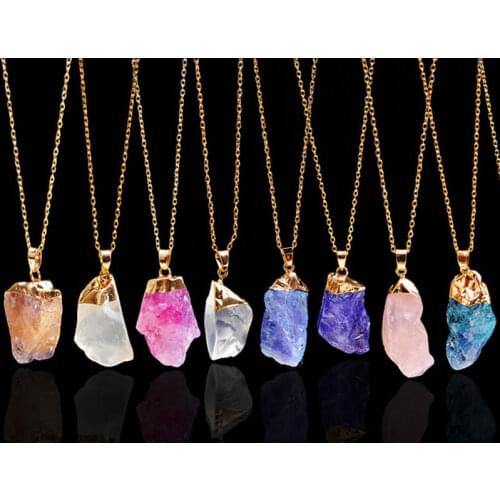Trendy Alloy Multicolour Natural Stone Chain Necklace Rhinestone Quartz Pendant Charms Necklaces Irregular boho necklace 2021