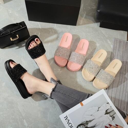 2021 New Style Spring Summer Foot Covering Man-made Diamond Thick Bottomed Fashion Adult Sandals Womens Flat Heel A- line with