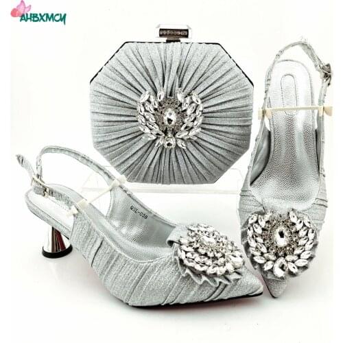 Silver New Arrivals Nigerian Women Matching Shoes and Bag Set Elegant Style Italian Ladies Party Sandals with Shinning Crystal