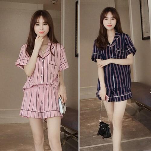 Womens Girls Short Sleeve Pajama Set Striped Button Down Sleepwear Night Wear