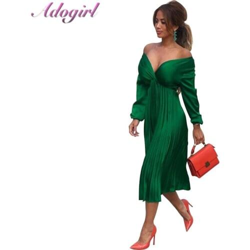 Adogirl Elegant Pleat Deep V-Neck Long Sleeve Dress Women Autumn Sexy Off Shoulder Night Party Club LongDresses Vintage Vestidos