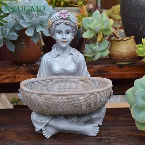 Girl Resin Flower Pot Flower Arrangement Container Figure Sculpture Crafts Home Decoration Garden Micro Landscape Flower Basket