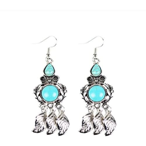 Silver Plated Alloy Leaf Wisdom Owl Shape with Green Turquoises Stone Drop Earrings for Women Jewelry