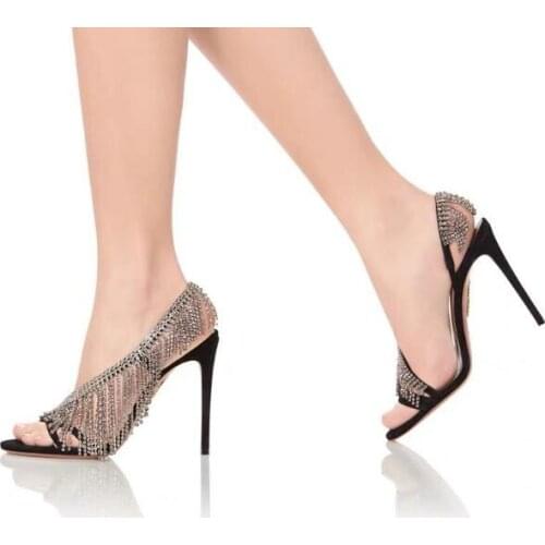 Drop Shipping Black White Bling Bling Crystal Fringe Tassel Summer Sandal Woman 8/10 cm Stiletto Heels Bride Party Wedding Shoes