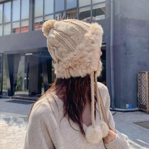 Rabbit Fur Woolen Hat Women Winter Ear Protection Beanie Korean Version Fashion Cute Plus Velvet Warm Knitted Skullie Beanies