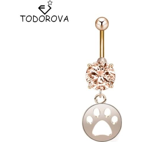 Todorova Hip Hop Piercing Navel Surgical Zircon Belly Button Rings Navel Body Jewelry Dog Cat Paw Dangle Piercing Ring Women