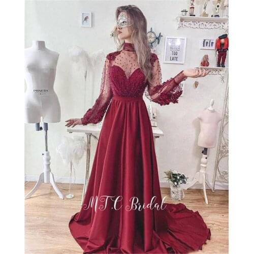 Unique Burgundy Long Sleeve Evening Dress Exquisite Pearls Sheer High Neck Open Back Long Special Occasion Dresses Custom Made