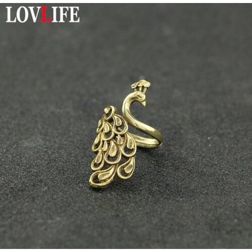 Vintage Brass Women Peacock Opening Rings Retro Pure Copper Adjustable Size Index Finger Ring Party Bands Punk Fashion Jewelry