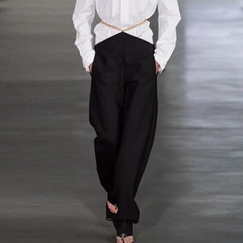 Women High Waist Pants Hollow Out With Chain Belt High Street Office Pants Women Trousers