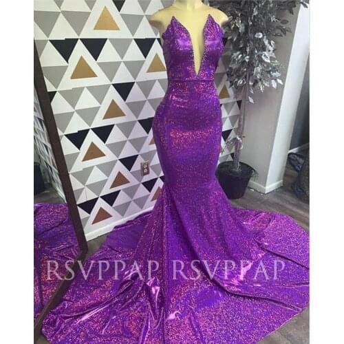Long Prom Dresses 2021 Real Picture Sexy Deep V-neck Sparkly Purple Mermaid African Black Girl Prom Gowns