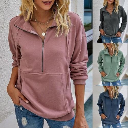 Women Casual Long Sleeve Lapel Zipper Solid Color Pocket Pullover Sweatshirt
