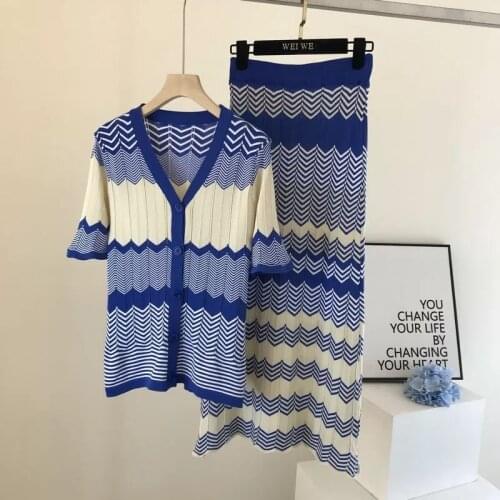Summer Women Two Piece Set Striped Knit Skirts Suits Women Knitted Tshirt Tops + Skirts set