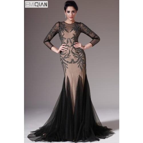 New Mermaid O Neck Long Sleeves Sweep Train Black Tulle Evening Dress with Champagne Lining