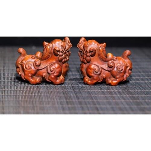 2" China Lucky Old Boxwood Hand-carved Kirin statue A pair brave troops Ornaments Town House Exorcism Ward off evil spirits